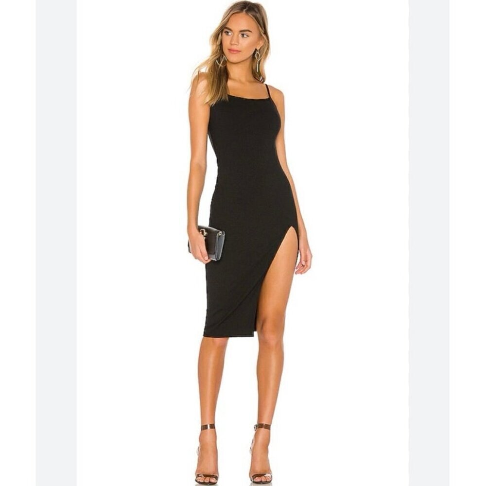 NWOT Superdown Candace Black Slit Midi Spaghetti Strap Stretch Dress Size S